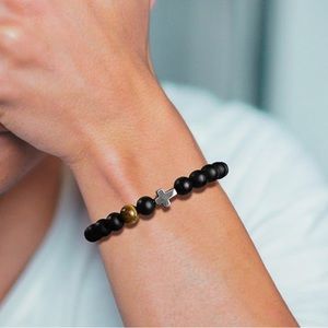 Boho Hematite Cross & Matte Stone Beaded Stretch Bracelet - NWT